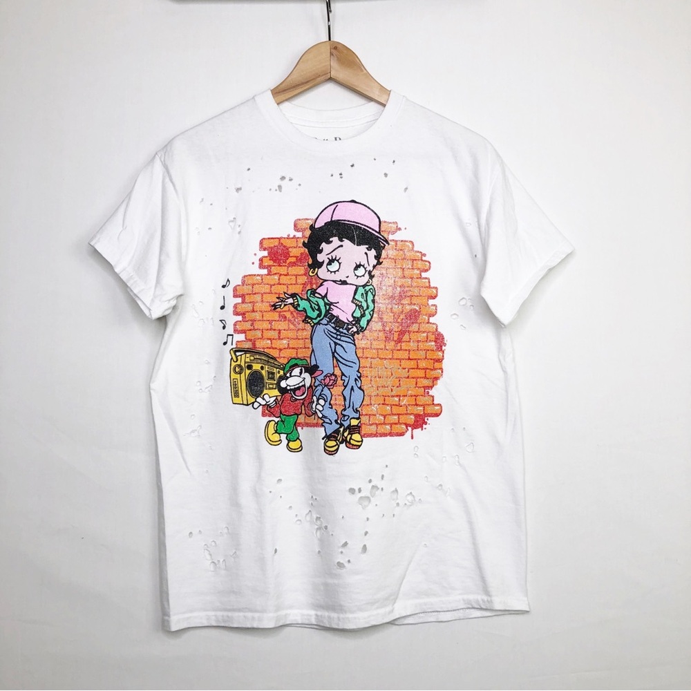 Betty Boop shark bite graphic Tee with Brick Wall Design - White